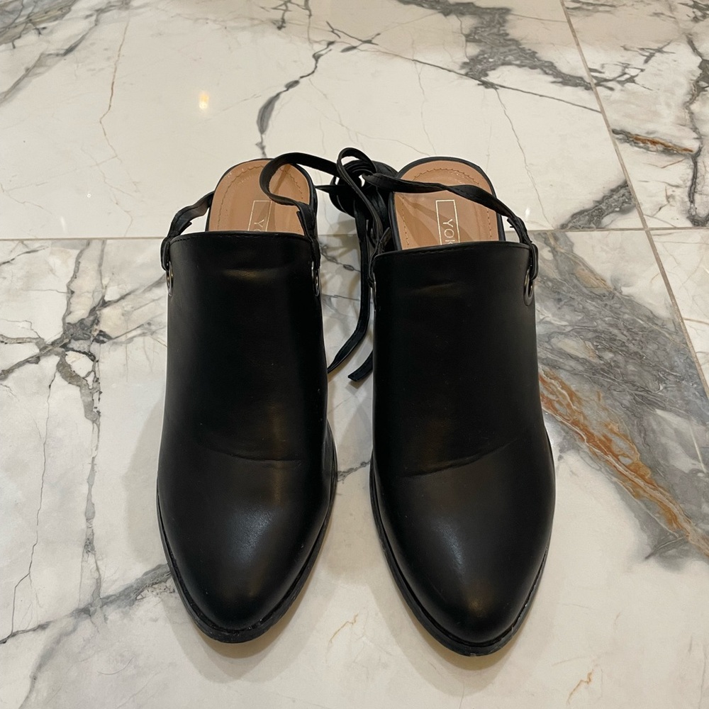 Women's Black Leather Mules with wrap around straps